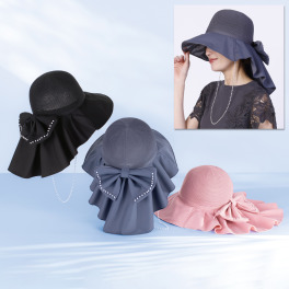 メイドバイスターズ 首までカバー！ ポーチリボン付 畳めるＵＶカット ドレープ帽子 パール調モティーフ ハットストラップ付
