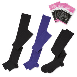 リオッサ 足首キュッ！ ひざ裏ゆったりの快適着圧 寝るときソックスＶ ブラック＆バイオレット ３足セット シルキーラップ　パウチ付